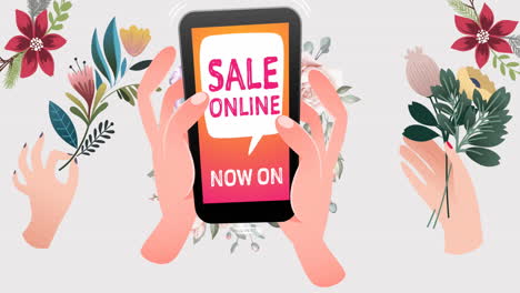 animation of sale online now on text on smartphone over flowers moving in hypnotic motion