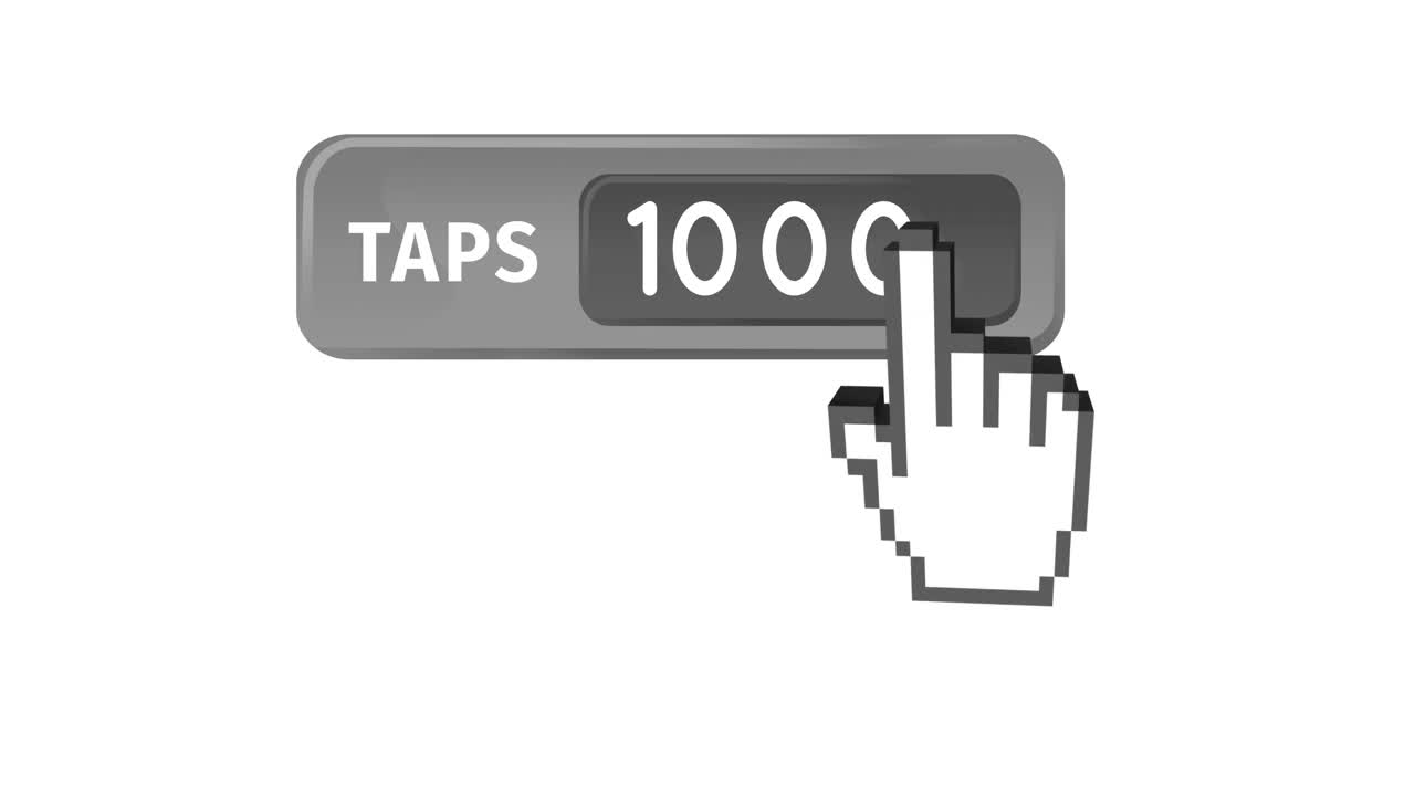 Animation of numbers changing and taps text in grey banner with finger pointing on white background