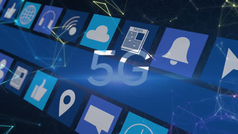 animación de texto 5g, iconos digitales de redes sociales y procesamiento de datos en fondo azul