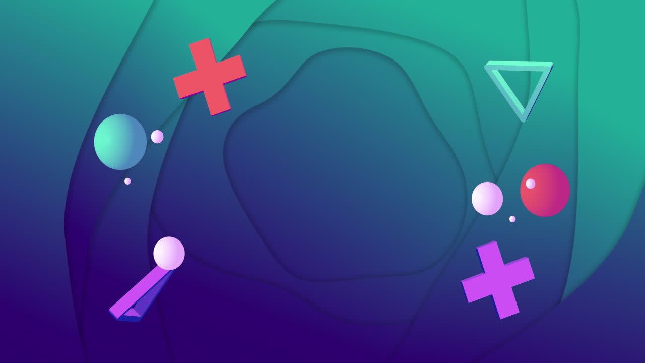 Animation of abstract shapes moving on green to blue background