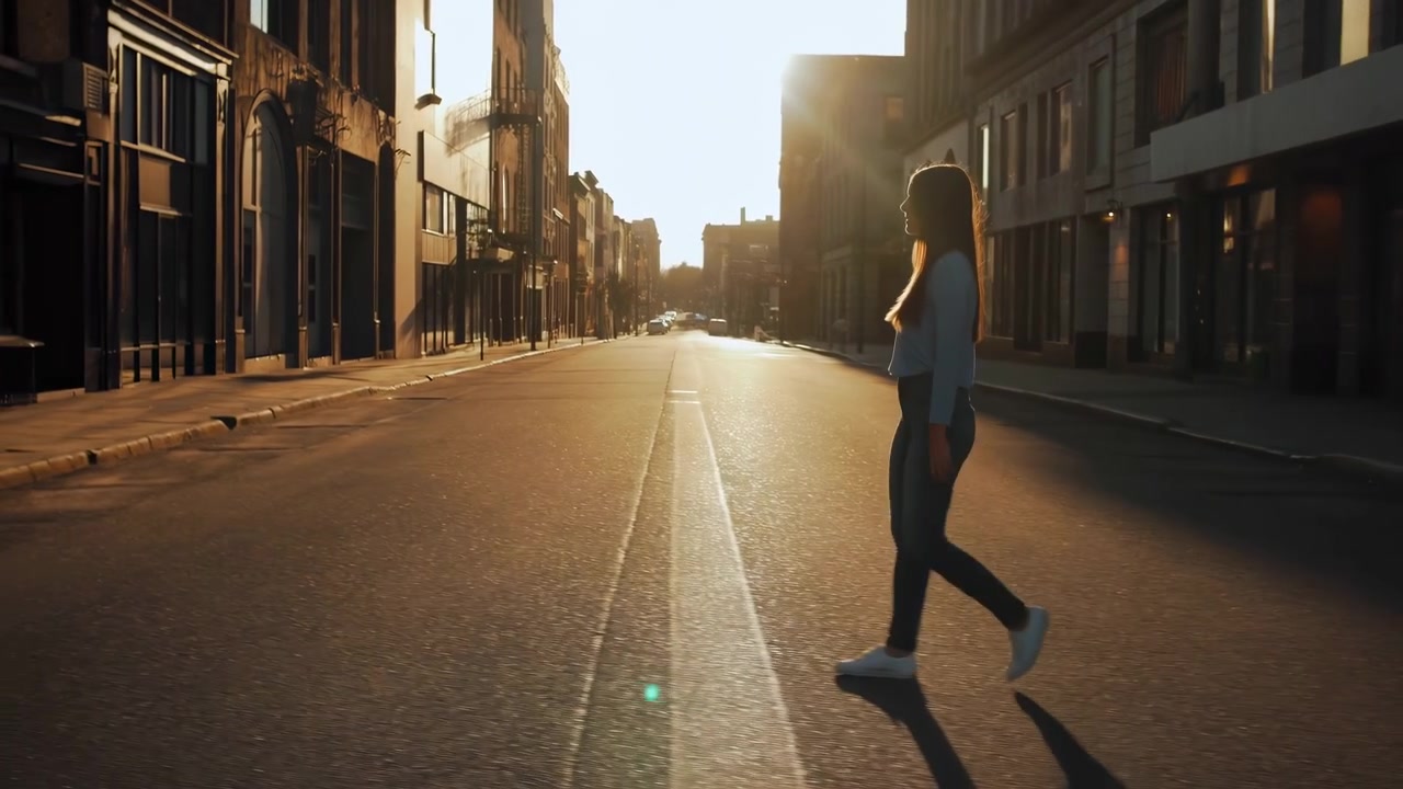 Backlit woman crosses a broad empty street as golden sunlight shines between city buildings, creating a long shadow and warm reflections across the textured road surface.