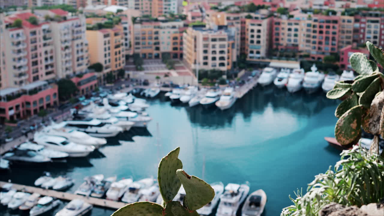 Blurry view of boats docked in the Port de Fontvieille in Monaco