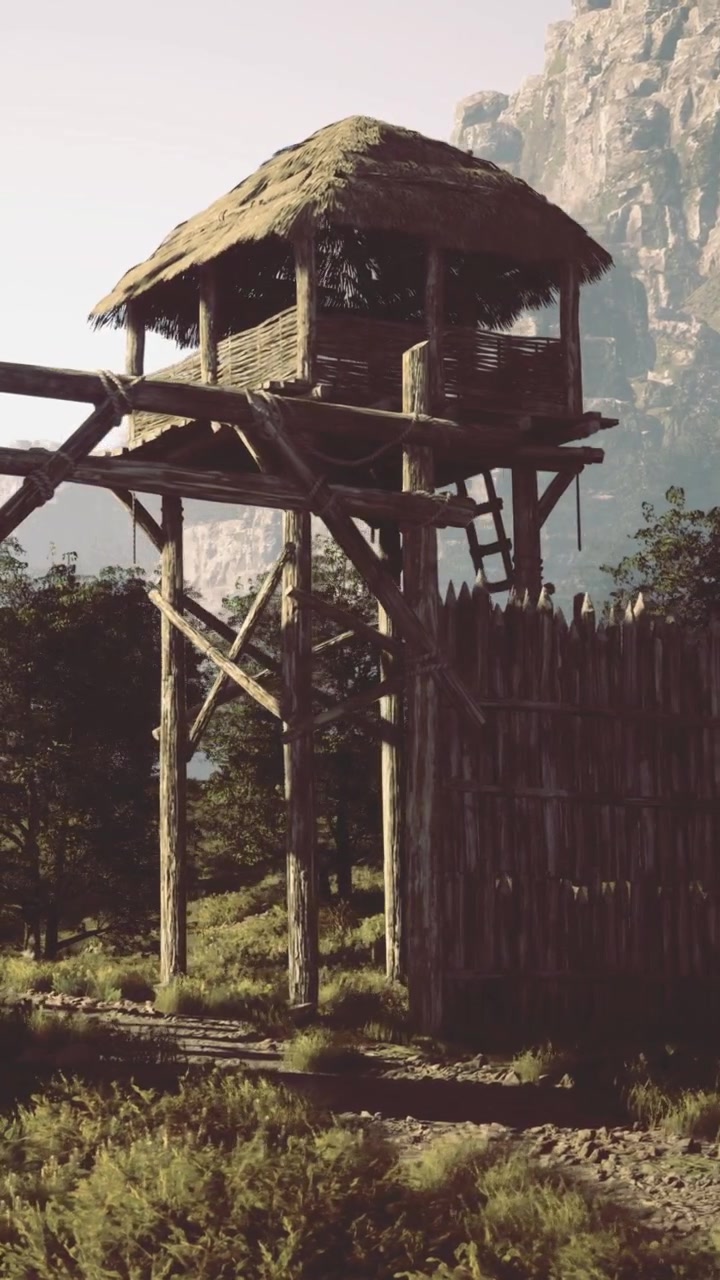 Una torre di avvistamento in legno si erge su una collina vicino a montagne rocciose sotto la luce intensa del sole