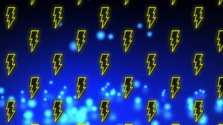 Animation of shapes and lightning icons over light spots on blue background