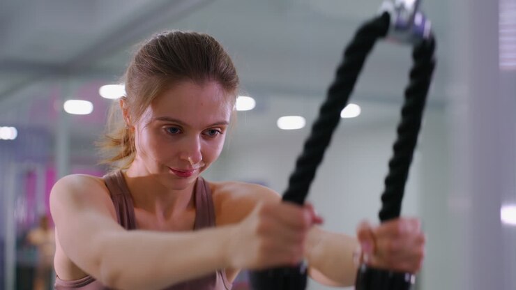 atleta femenina decidida levantando pesas en el gimnasio con un enfoque intenso, luces brillantes del techo iluminan el espacio de fitness lleno de equipos, sesión de entrenamiento de fuerza que muestra disciplina