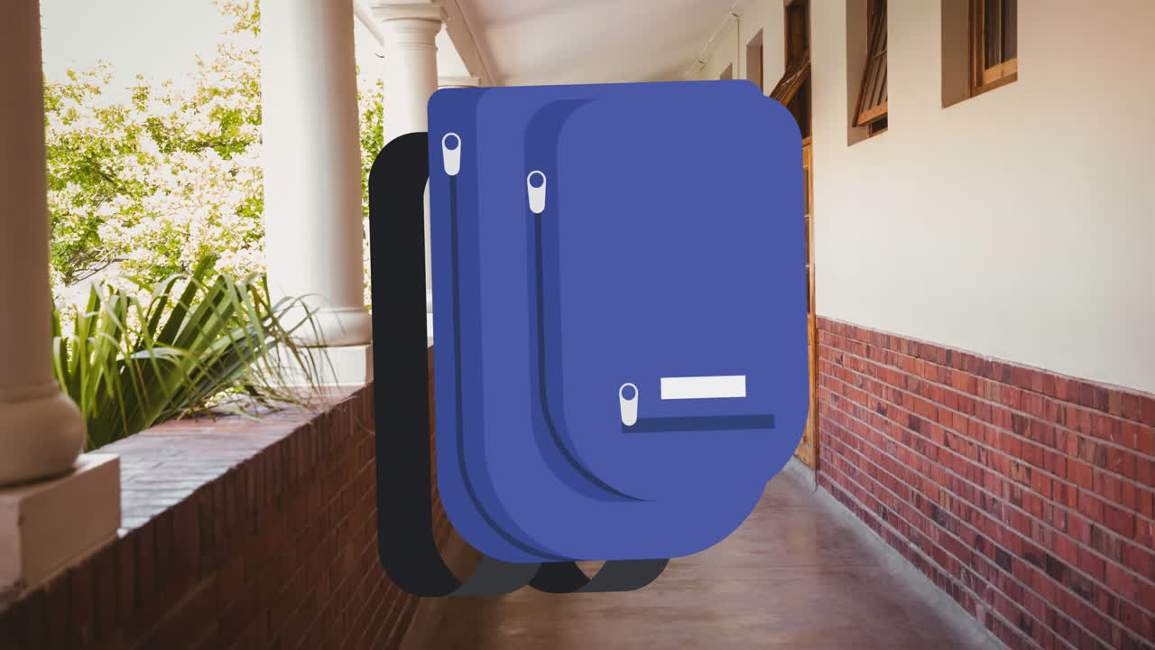 학교 아이템 아이콘의 애니메이션이 복도 위로 움직입니다.