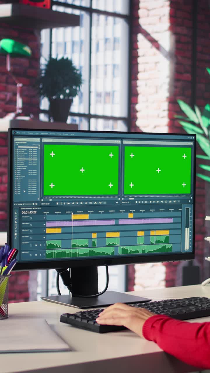 Vertical Video Focused editor woman works on video montage in a creative software