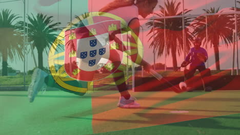 portugal flag animation over people playing tennis on outdoor court