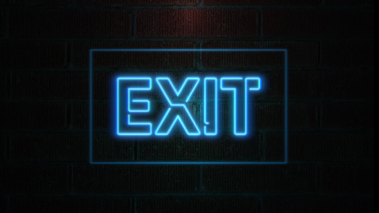 Neon Blue Light on Brick Wall. Exit Banner Blinking Neon Sign Style, loop. 4k