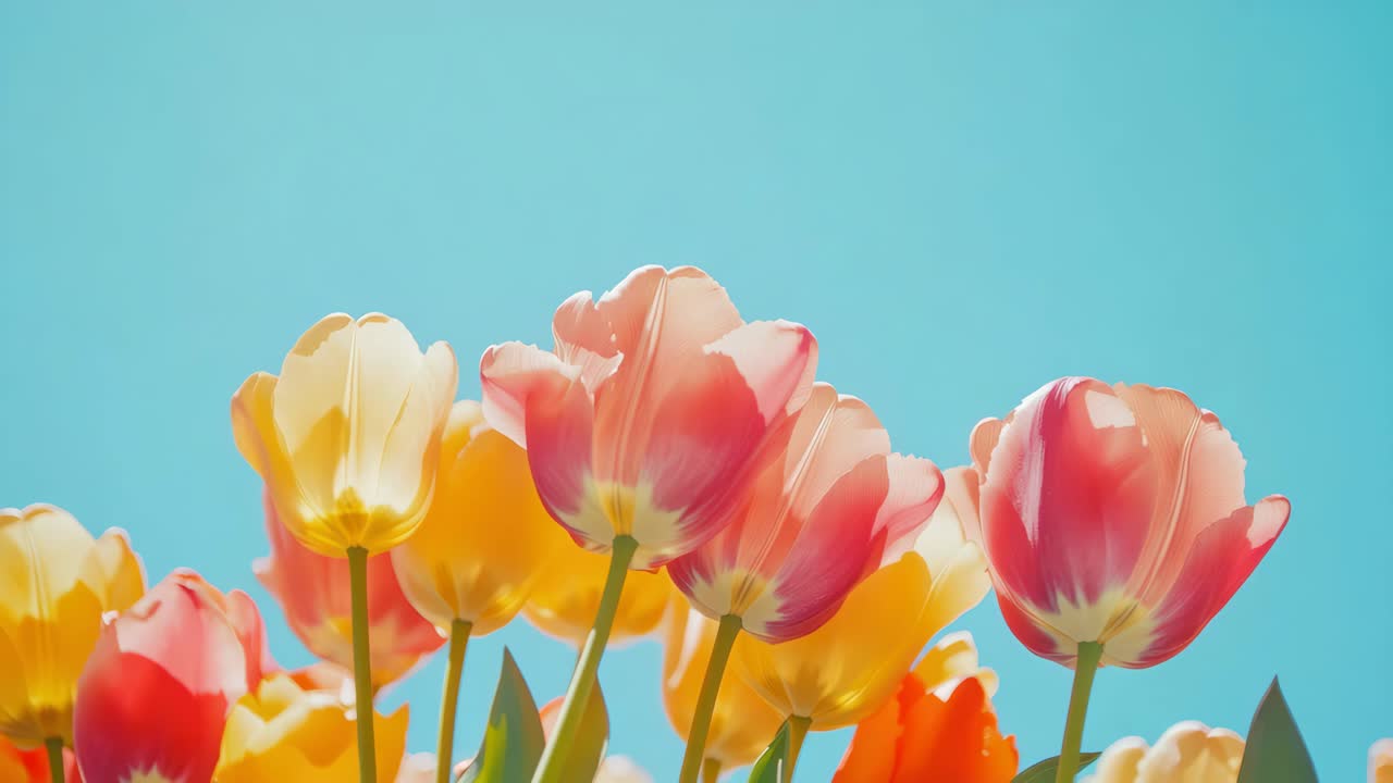 Vibrant tulips in bloom against a bright blue sky, captured from a low angle
