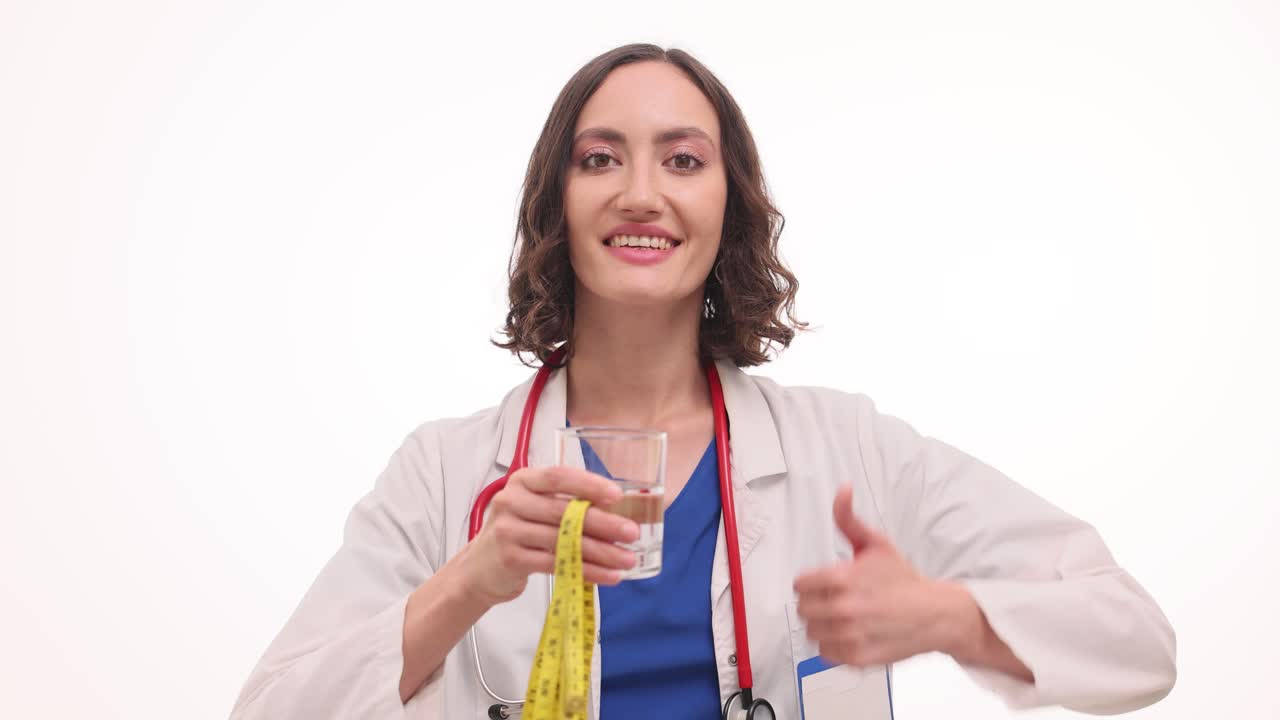 Female Doctor Recommends Healthy Lifestyle with Water and Measuring Tape