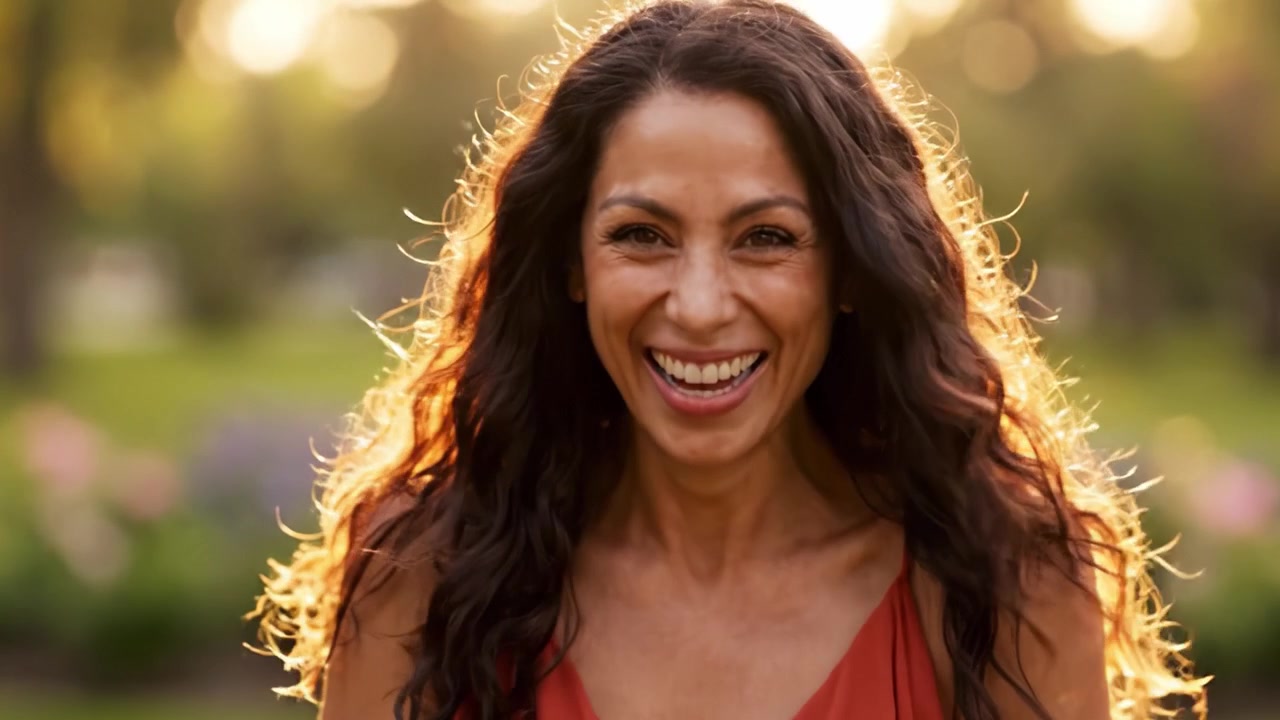 Un Momento Alegre: Capturando el Resplandor y la Felicidad de una Mujer en un Parque Soleado, Su Sonrisa Vibrante Iluminada por el Cálido Brillo de la Naturaleza