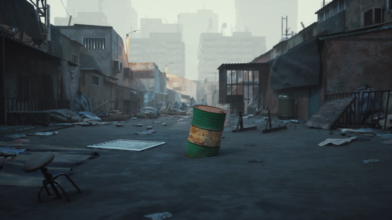 Scena di strada urbana desolata con detriti e strutture abbandonate alla luce del giorno.
