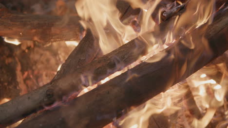 slow motion footage panning across logs in a campfire in a fire ring at a campground