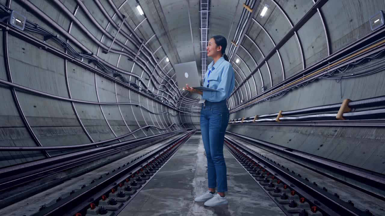 Full Body Side View Of Asian Female In Underground Subway Tunnel, Observes By Looking Up Before She Come To Concentrating On The Laptop And Keep On Typing