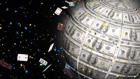 animación de globo de dólares girando, con cartas de juego y confeti, en negro