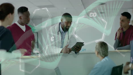 animation of dna strand and data processing over diverse doctors in hospital