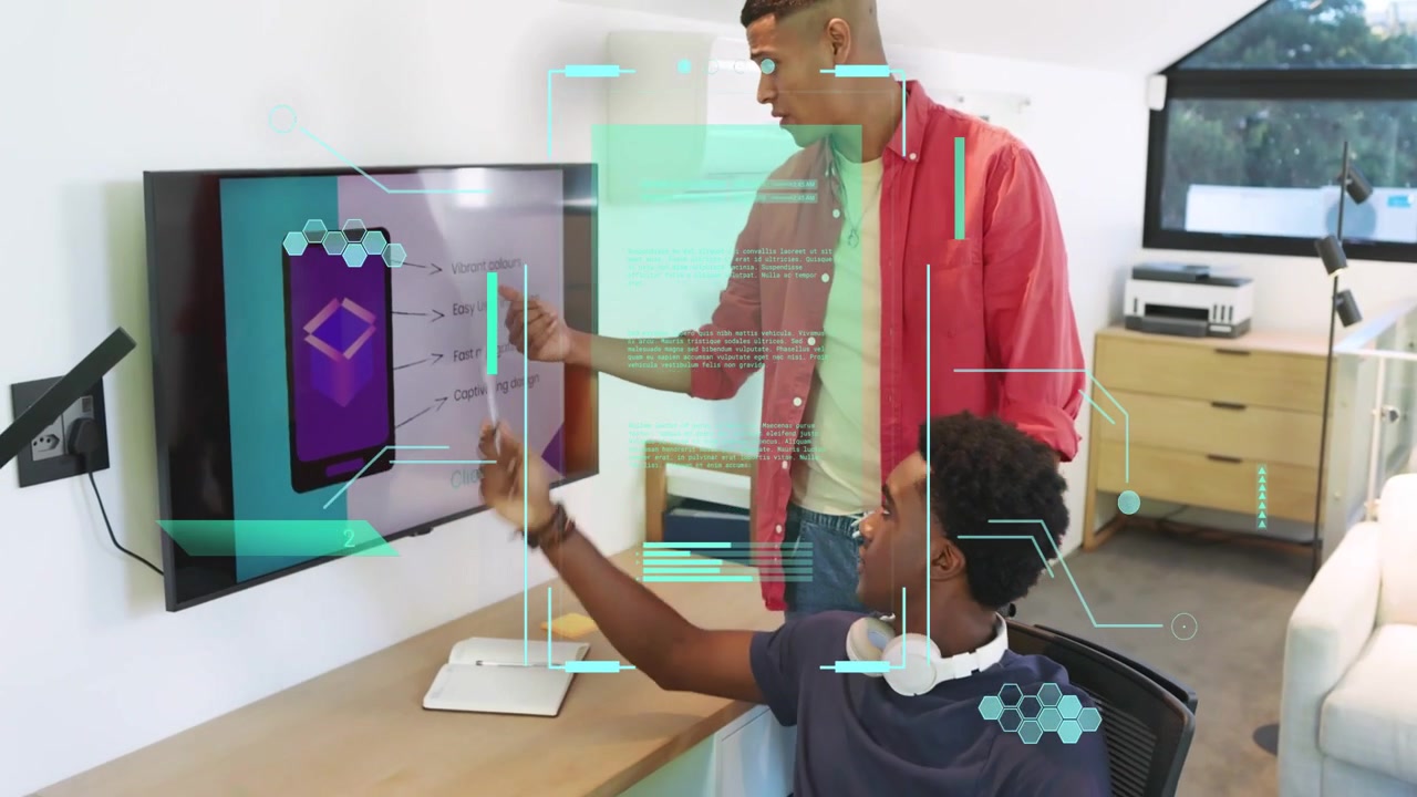 Peer bringing sheets, seated man analyzing animated app mockup on wall screen for business pitch