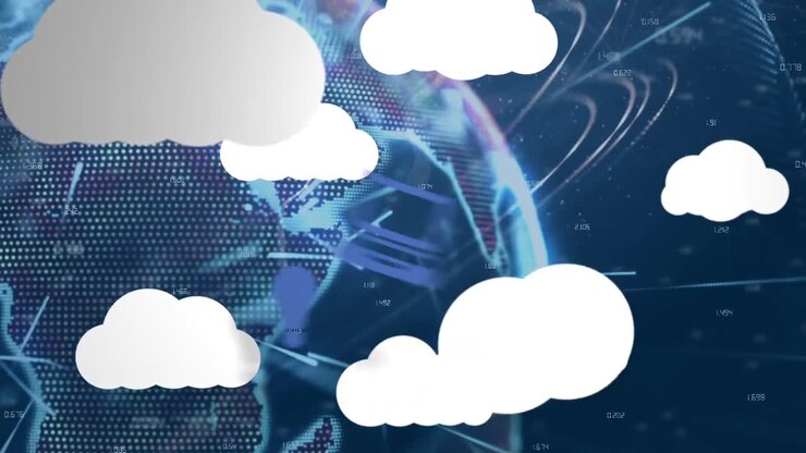 Multiple cloud icons floating against light trails over spinning globe on blue background