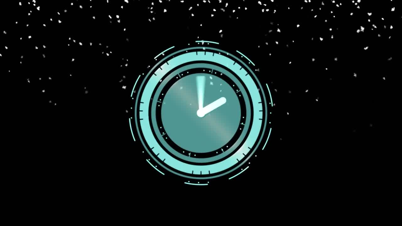Animation of clock with moving hands over snow falling on black background