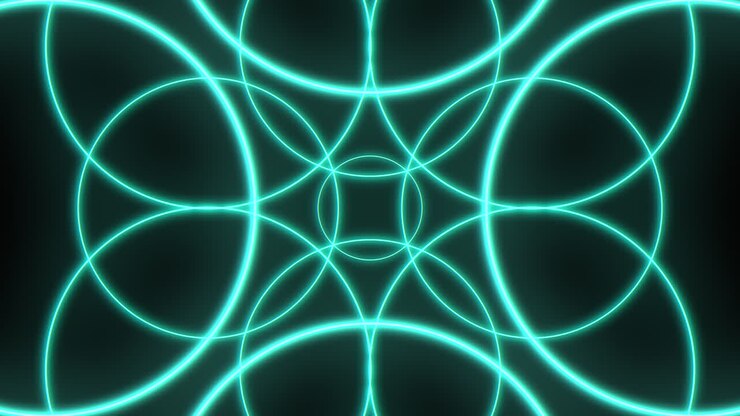 Fundo de animação com círculos de néon turquesa abstratos e padrão geométrico brilhante.