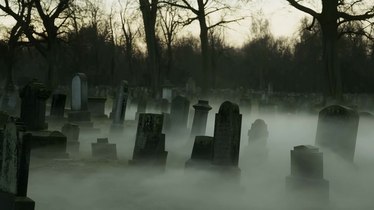Cimitero nebbioso al crepuscolo con nebbia, nebbia bassa che avvolge lapidi consumate e alberi spogli, freddo
