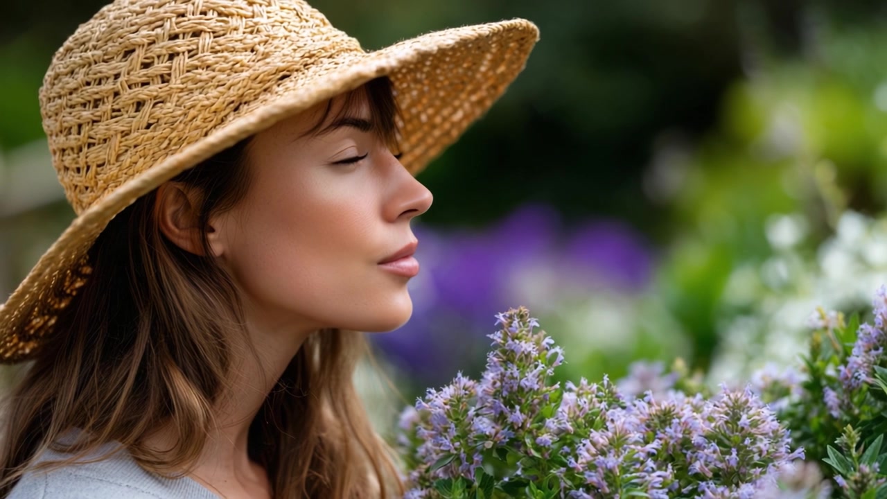 Un momento sereno nella natura: una donna con un cappello di paglia che si gode il profumo di fiori colorati in una giornata tranquilla all'aperto, circondata da una vegetazione lussureggiante