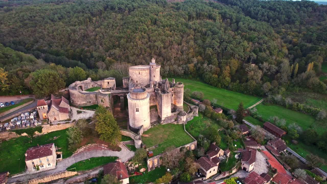 Aerial view of Bonaguil Castle, France, showcasing historic charm