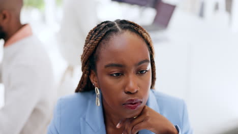 office, work and black woman at computer thinking