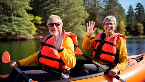 Video captures seniors kayaking on a serene lake, wearing life vests