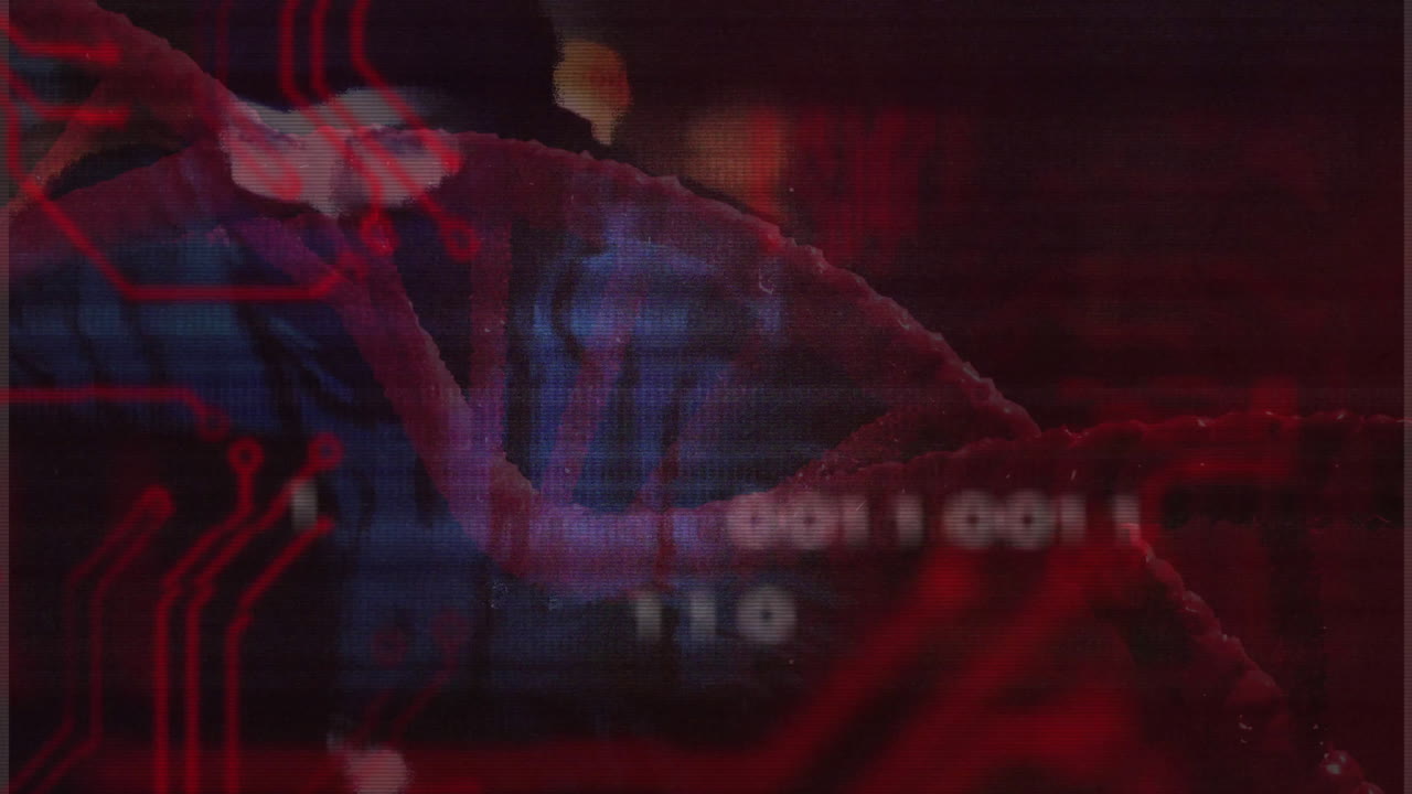 animación de cadena de adn y placa de circuitos sobre fondo de texto borroso