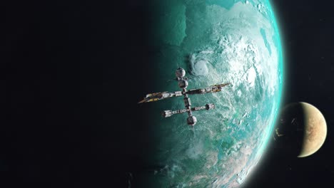 estación espacial futurista que orbita un exoplaneta verde y exuberante
