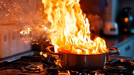 a pot on a stove with flames coming out of it