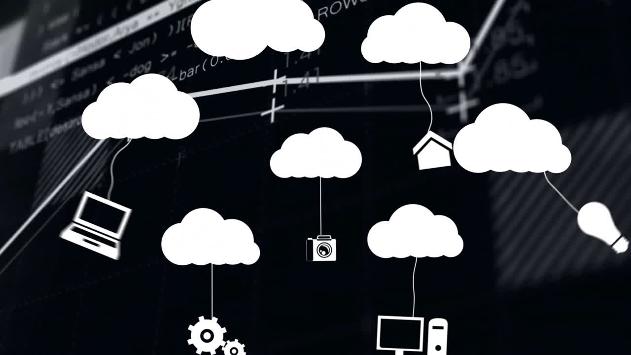 Animation of cloud icons connecting technology symbols over digital background