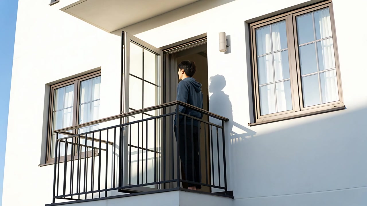 Uomo con felpa scura con cappuccio che apre una porta a vetri, esce sul balcone con ringhiera metallica e si guarda intorno