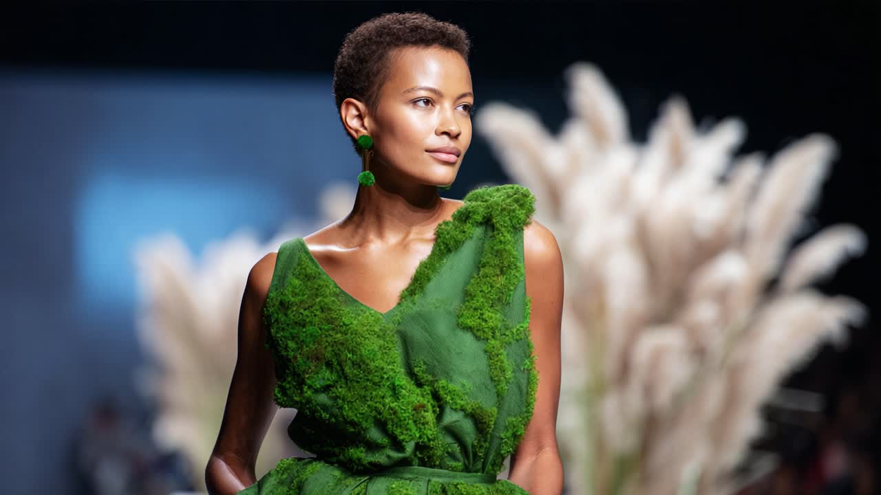 Modella elegante che presenta moda ecosostenibile su una passerella in un lussureggiante tessuto verde arricchito con elementi naturali e design contemporaneo