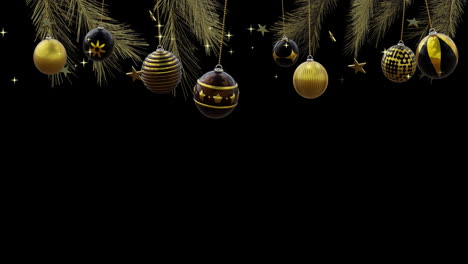 bolas negras y doradas balanceándose en el árbol de navidad con estrellas doradas en fondo negro, copia el espacio