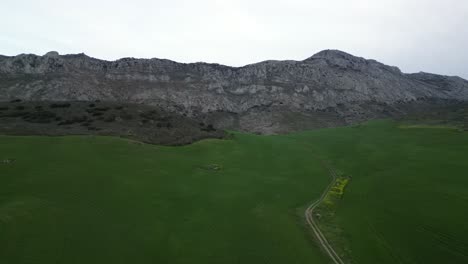 Aerial-drone-footage-captures-lush-valley-with-towering-mountain-backdrop-under-cloudy-skies-in-southern-Spain