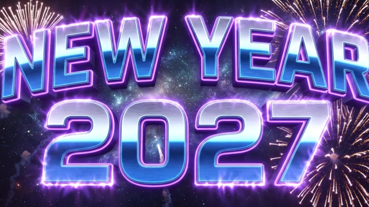 Auguri animati per il nuovo anno 2027 con scritte in grassetto viola e blu e design festivo