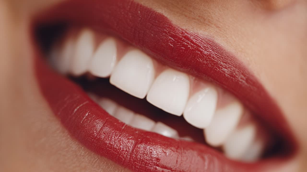 A Close-Up View of Perfectly Aligned Teeth and Luscious Red Lips, Capturing the Essence of Beauty and Confidence in a Smiling Face