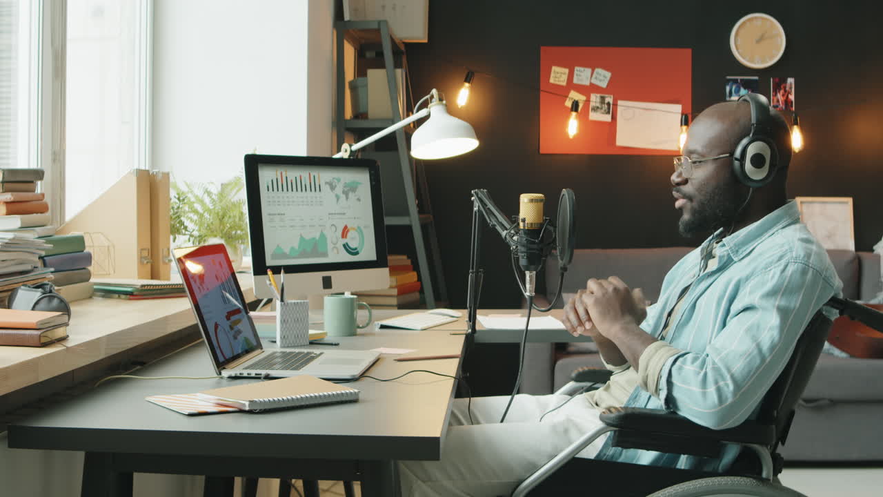 African American Man with Disability Recording Podcast