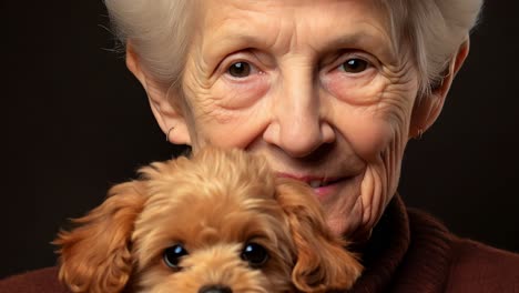 senior woman tenderly holding small brown dog during intimate studio portrait, warmly embracing companion with gentle smile against black background while camera gradually zooming closer