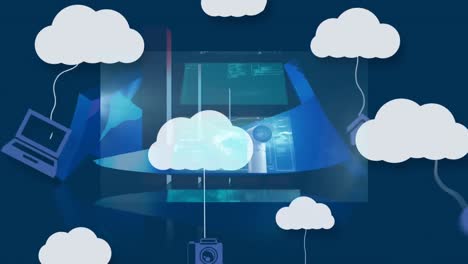 Animation-Von-Wolken-Mit-Symbolen-Und-Diagramm-Mit-Pfeilen-über-Der-Datenverarbeitung