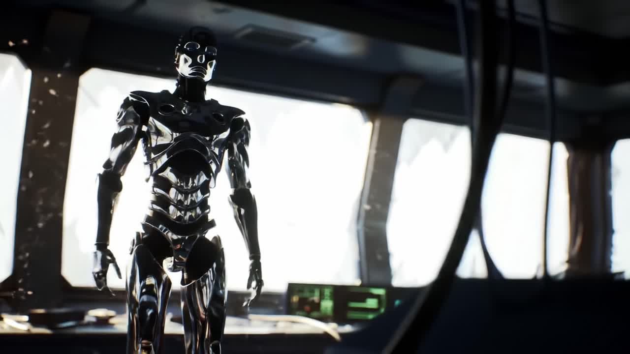 A futuristic humanoid robot stands confidently in a sleek, high-tech control room, illuminated by dramatic lighting and surrounded by advanced technological interfaces