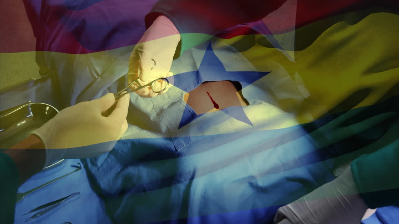 Animation of flag of ghana waving over surgeons in operating theatre