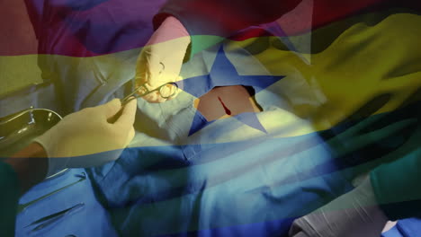 animación de la bandera de ghana ondeando sobre los cirujanos en el quirófano