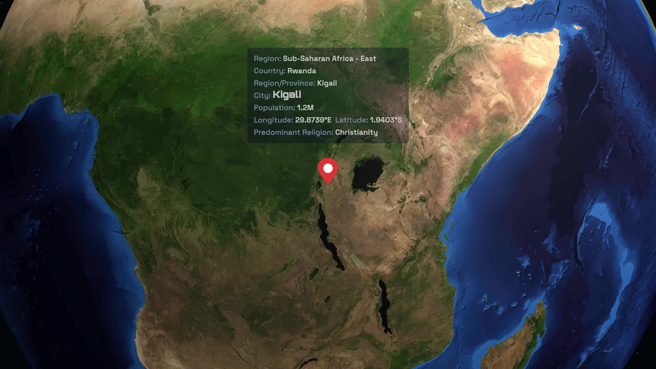 Digital globe rotates and zooms from space into East Africa, pinpointing Kigali with data