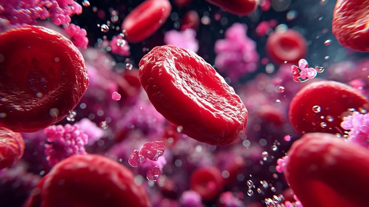 Cellule rosse del sangue con particelle di virus