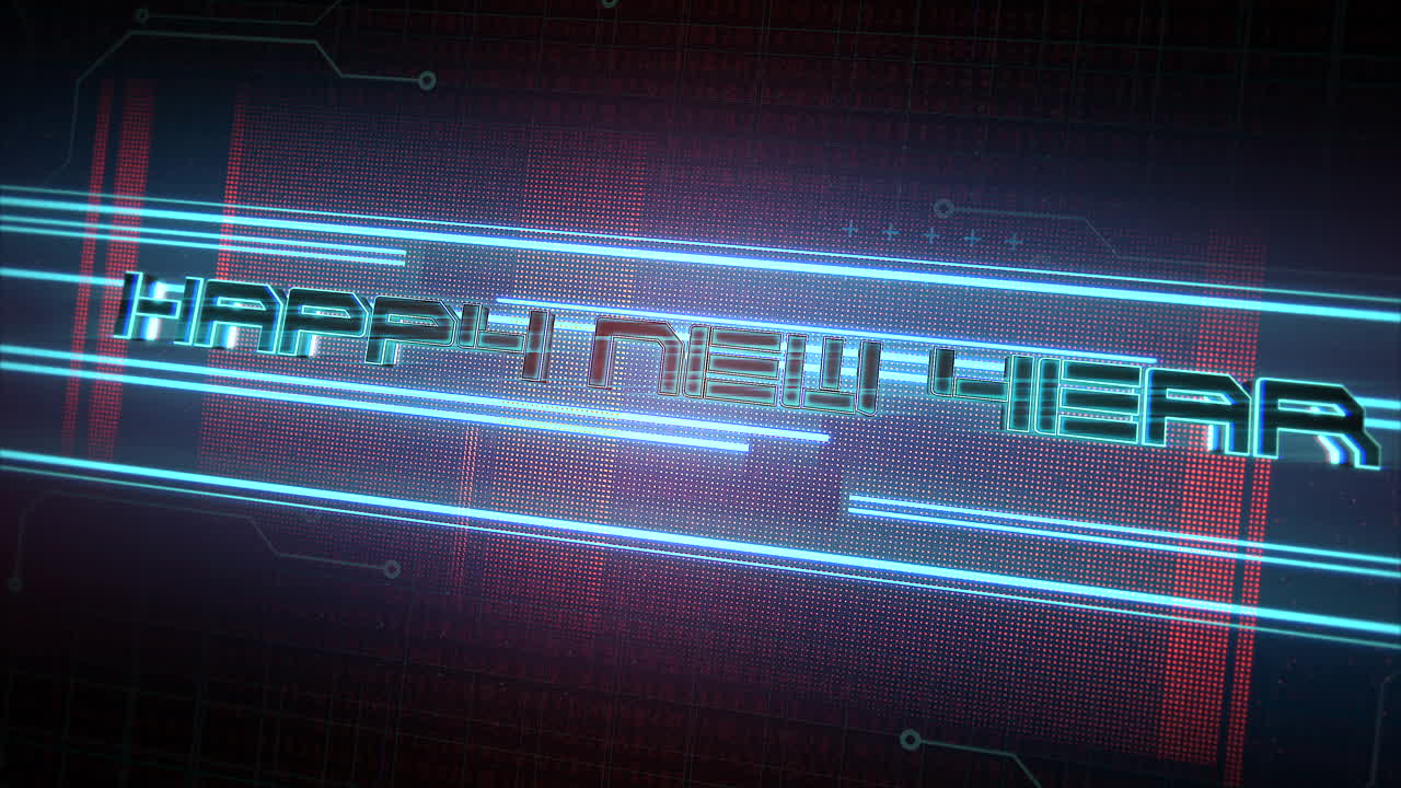 Happy New Year on computer screen with lines and matrix code