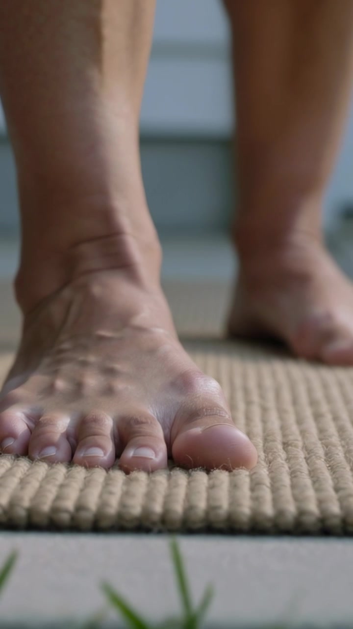 Video verticale: Appoggiare il piede destro nudo su uno zerbino testurizzato alla porta, entrando in casa.